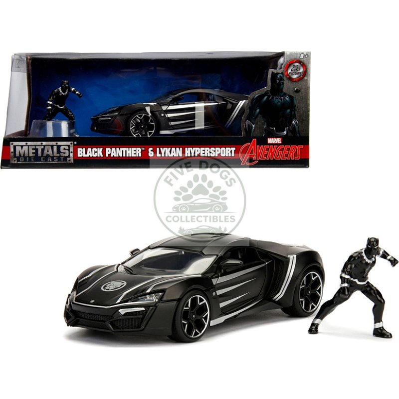 lykan hypersport black with black panther diecast figurine "avengers" "marvel" series 1/24 diecast model car by jada