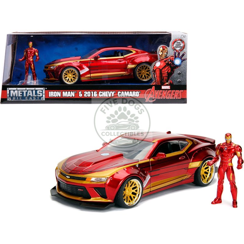 2016 chevrolet camaro with iron man diecast figure "marvel" series 1/24 diecast model car by jada