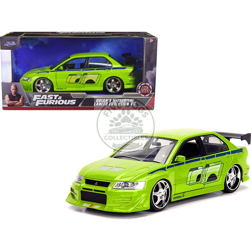 brian's mitsubishi lancer evolution vii green with graphics "fast & furious" movie 1/24 diecast model car by jada