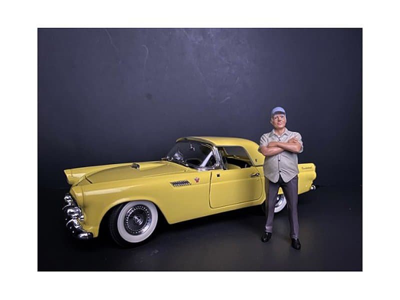 Vintage Yellow Classic Car with Man Model Classic yellow vintage car with a man standing beside it on a dark background.