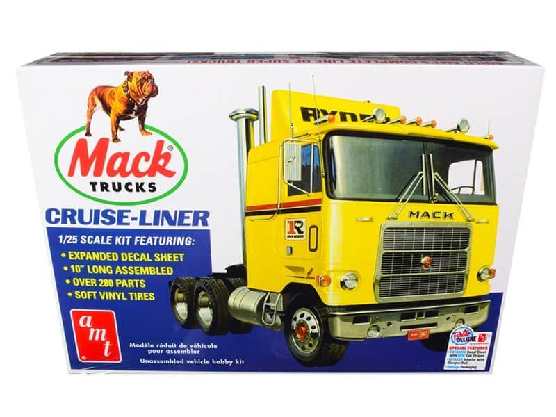 Mack Trucks Cruise-Liner Model Kit Detailed Mack Trucks Cruise-Liner model kit with vibrant yellow truck and accessories.