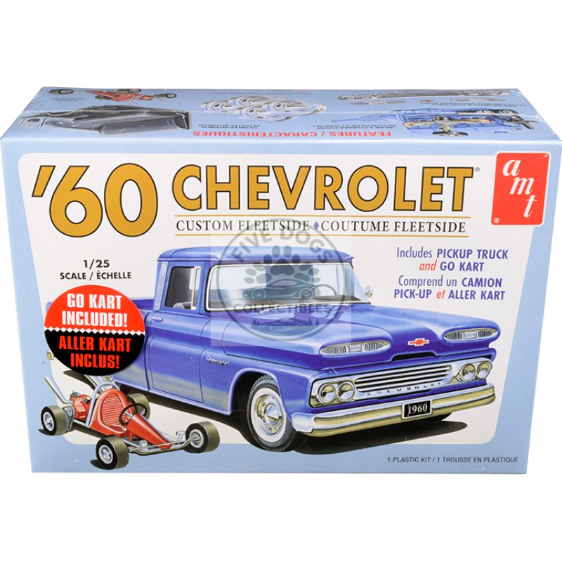 skill 2 model kit 1960 chevrolet custom fleetside pickup truck with go kart 1/25 scale model by amt