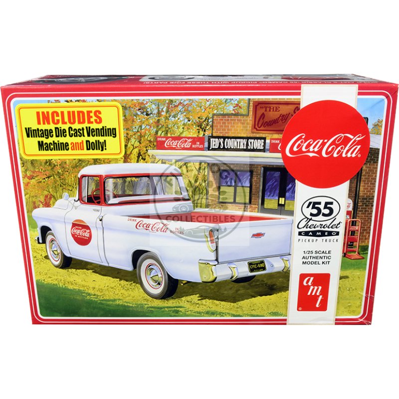 skill 3 model kit 1955 chevrolet cameo pickup truck "coca cola" with vintage vending machine and dolly 1/25 scale model by amt
