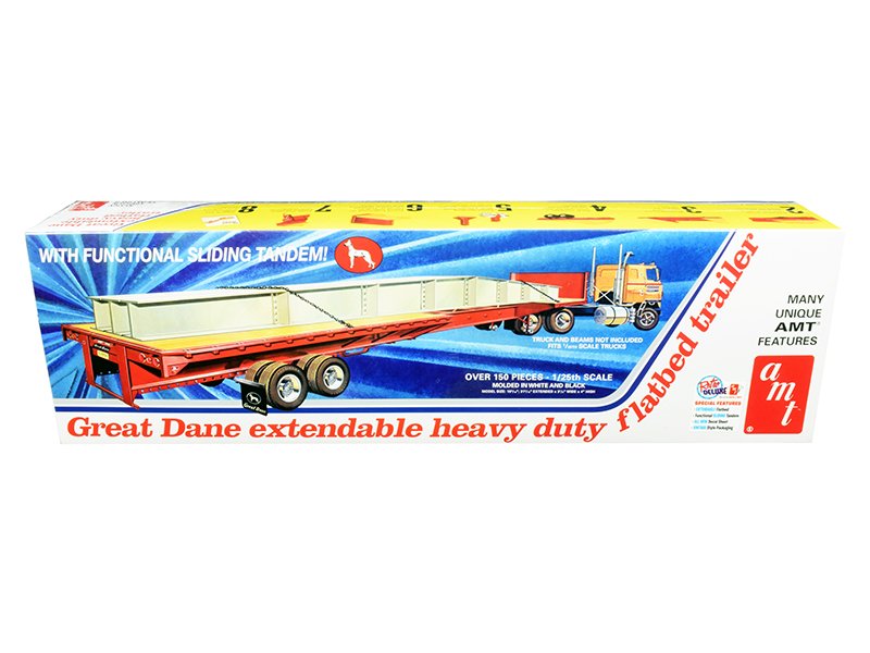 skill 3 model kit great dane extendable heavy duty flat bed trailer with functional sliding tandem 1/25 scale model by amt skill 3 model kit great dane extendable heavy duty flat bed trailer with functional sliding tandem 1/25 scale model by amt