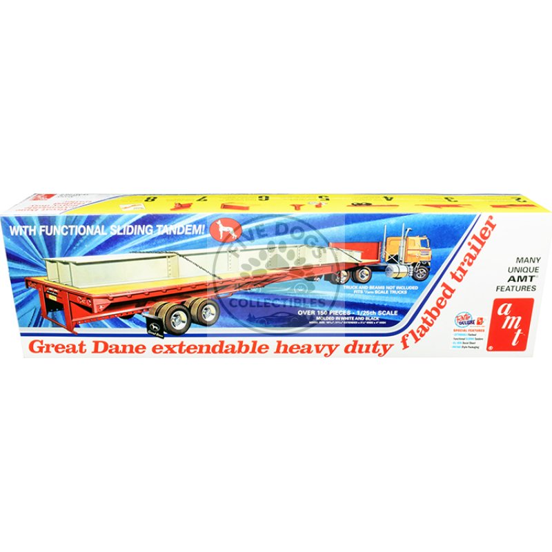 skill 3 model kit great dane extendable heavy duty flat bed trailer with functional sliding tandem 1/25 scale model by amt