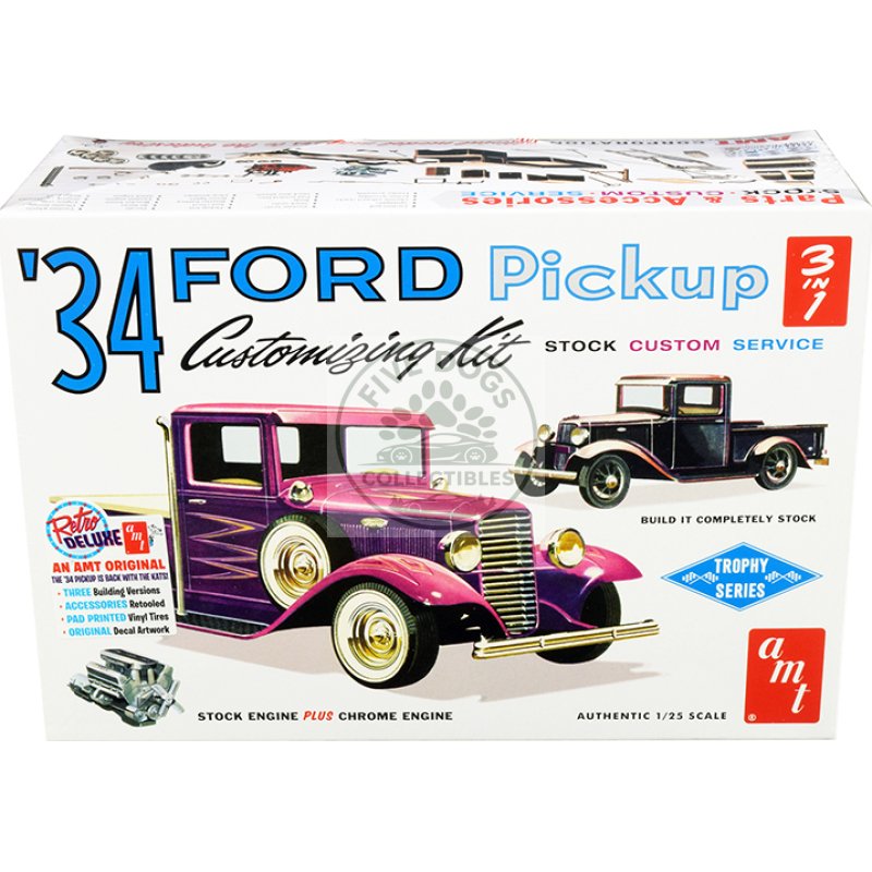 skill 2 model kit 1934 ford pickup truck 3 in 1 kit "trophy series" 1/25 scale model by amt