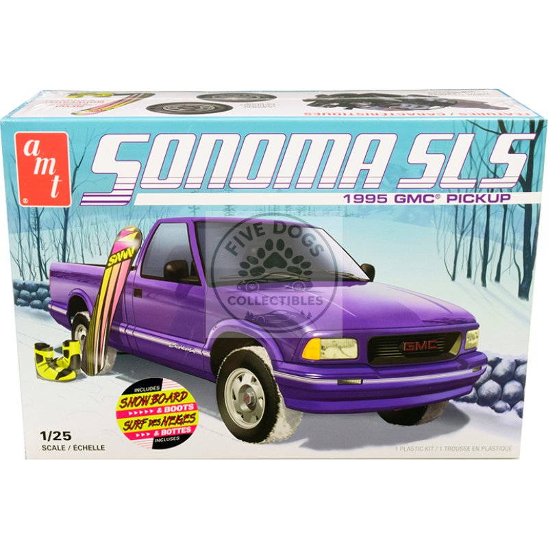skill 2 model kit 1995 gmc sonoma sls pickup truck with snowboard and boots 1/25 scale model by amt