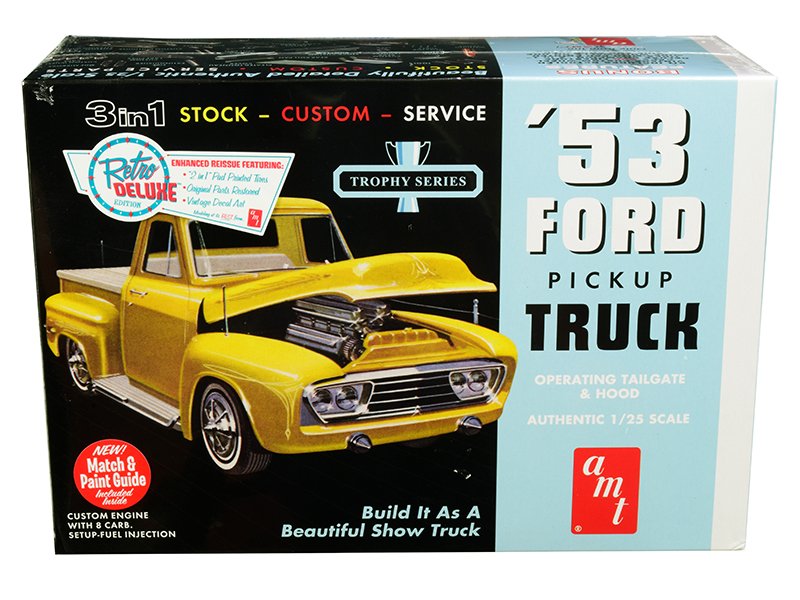 skill 2 model kit 1953 ford pickup truck "trophy series" 3 in 1 kit 1/25 scale model by amt skill 2 model kit 1953 ford pickup truck "trophy series" 3 in 1 kit 1/25 scale model by amt
