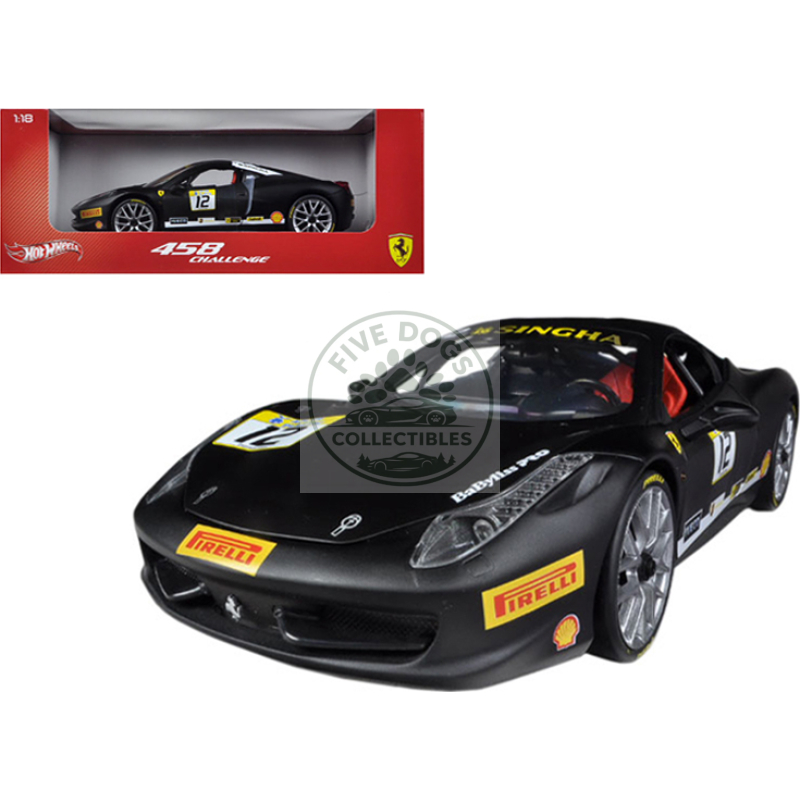 ferrari 458 challenge matt black #12 1/18 diecast car model by hot wheels