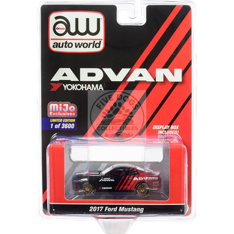 2017 ford mustang "advan yokohama" red and black limited edition to 3600 pieces worldwide 1/64 diecast model car by auto world