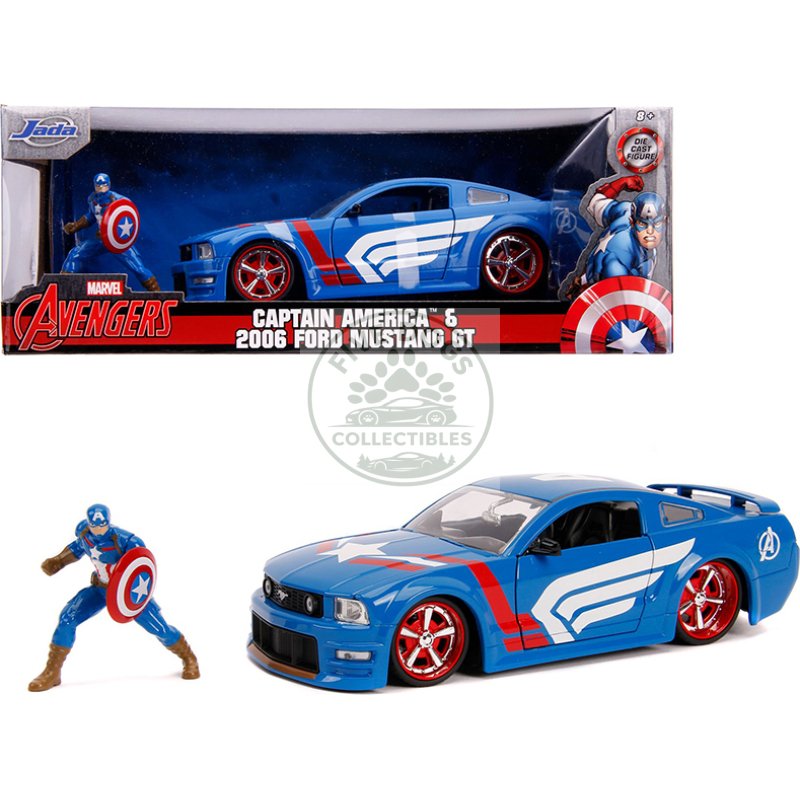 2006 ford mustang gt with captain america diecast figurine "avengers" "marvel" series 1/24 diecast model car by jada