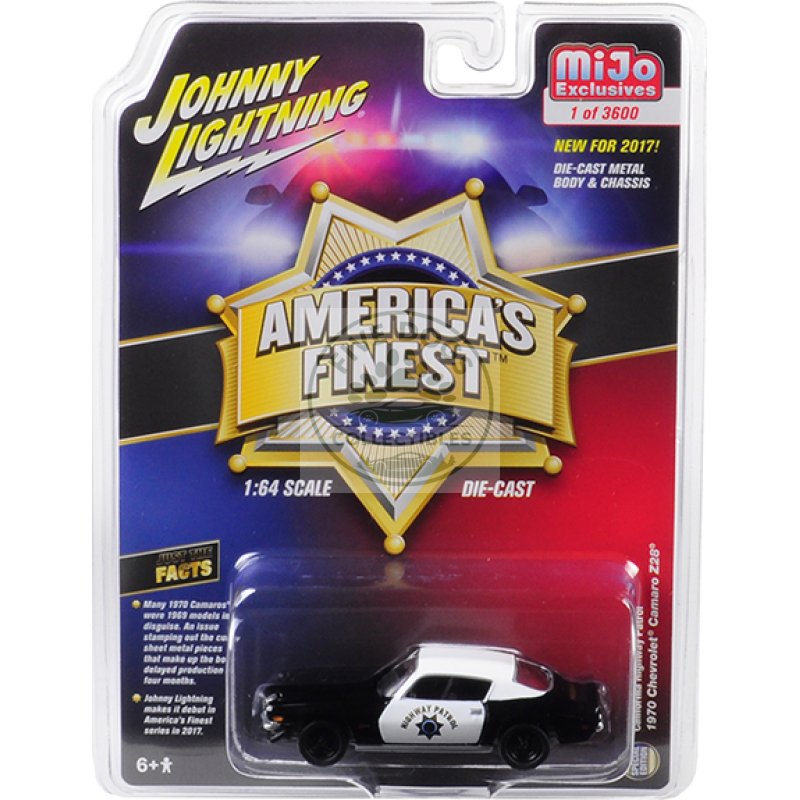 1970 chevrolet camaro z28 california highway patrol (chp) black and white "america's finest" limited edition to 3600 pieces worldwide 1/64 diecast model car by johnny lightning