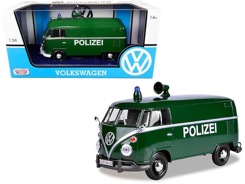 Volkswagen Polizei Toy Model Green Volkswagen Polizei toy van with police markings, suitable for collectors and kids.