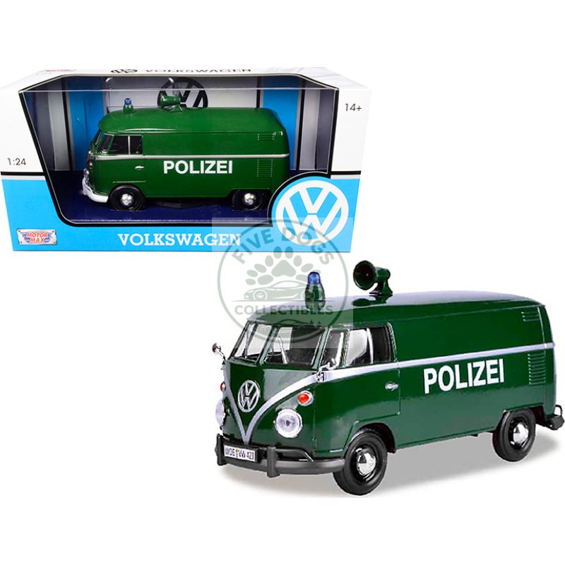 volkswagen type 2 (t1) police van "polizei" dark green 1/24 diecast model car by motormax