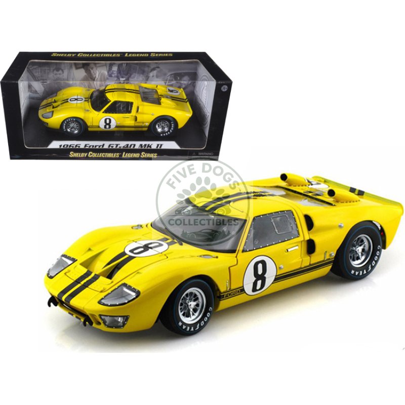 1966 ford gt 40 mk ii #8 yellow with black stripes 1/18 diecast model car by shelby collectibles