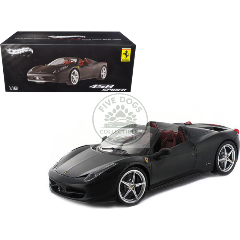 ferrari 458 italia spider matt black elite edition 1/18 diecast car model by hot wheels