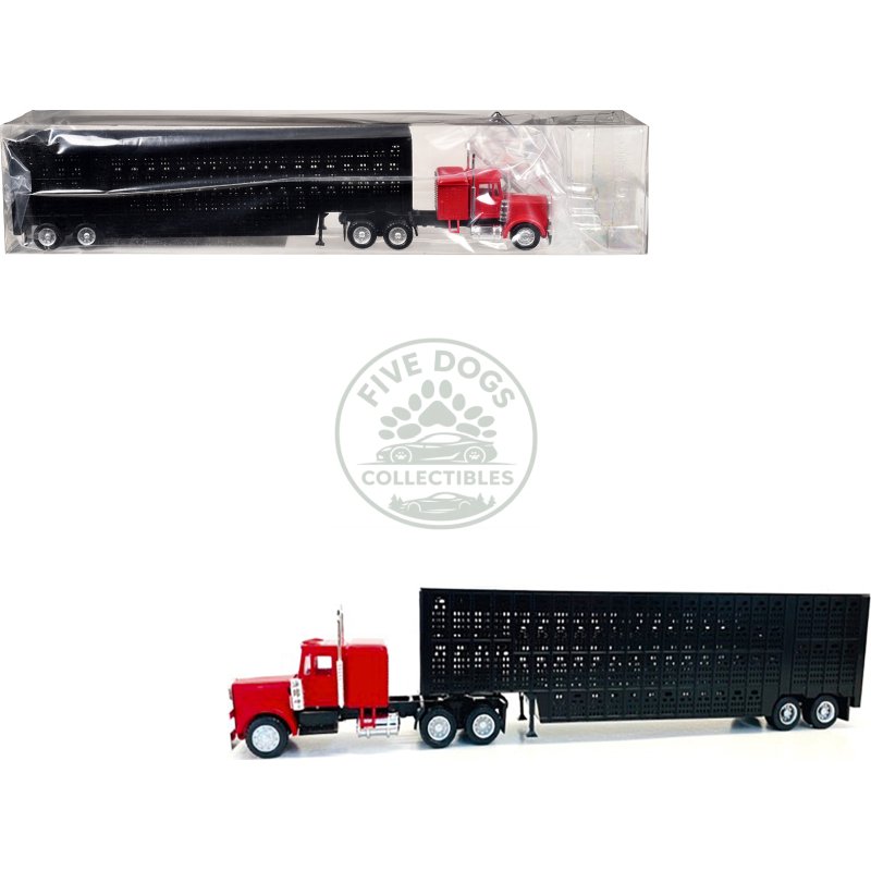 peterbilt with sleeper cab red with black livestock trailer 1/87 (ho) plastic model car by promotex