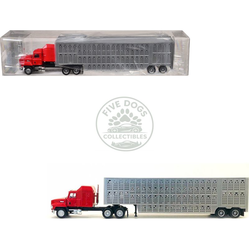 mack ch 613 with sleeper cab red with silver livestock trailer 1/87 (ho) plastic model car by promotex