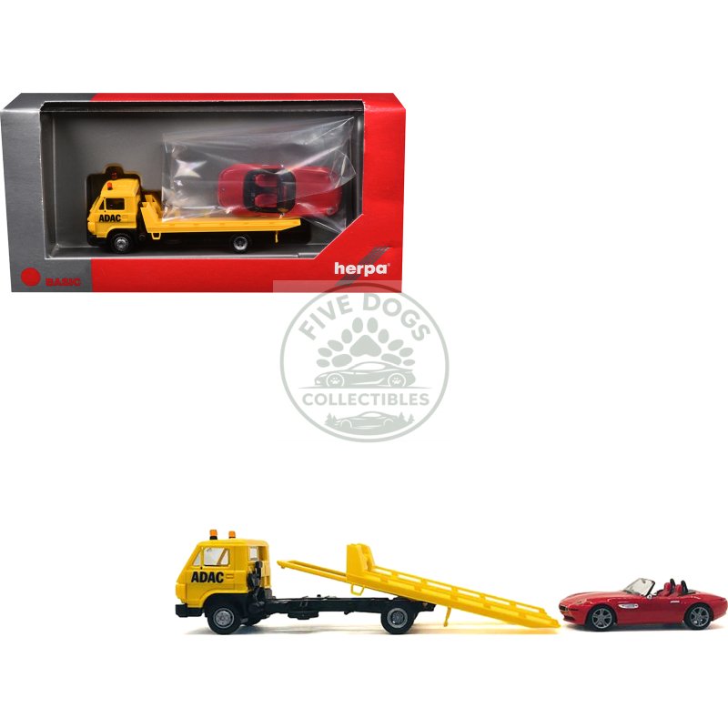 flatbed tow truck "adac" yellow and bmw z4 convertible red set of 2 pieces 1/87 (ho) plastic model cars by promotex