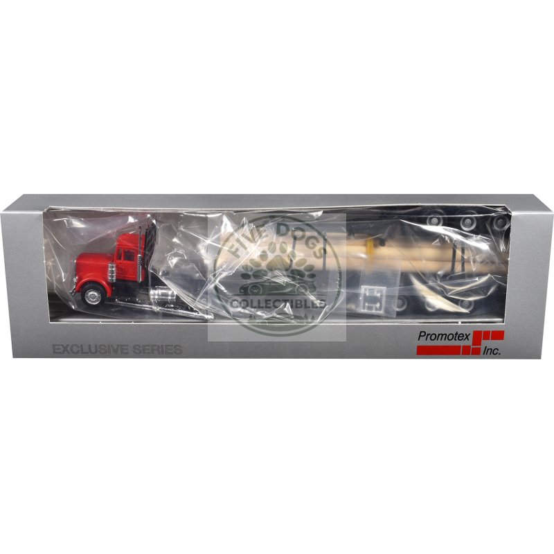 peterbilt super b log truck and trailer red with log accessories 1/87 (ho) plastic model car by promotex