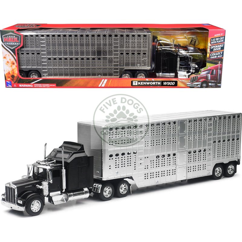 kenworth w900 truck black with pot belly livestock chrome "long haul truckers" series 1/32 diecast model by new ray