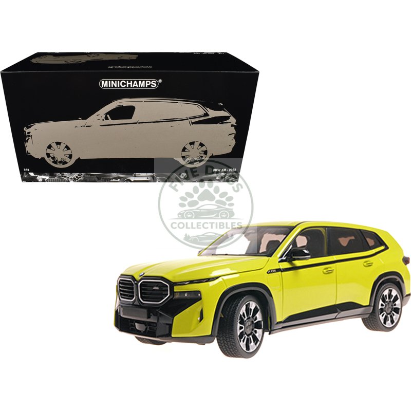 2023 bmw xm yellow with black stripes 1/18 diecast model car by minichamps
