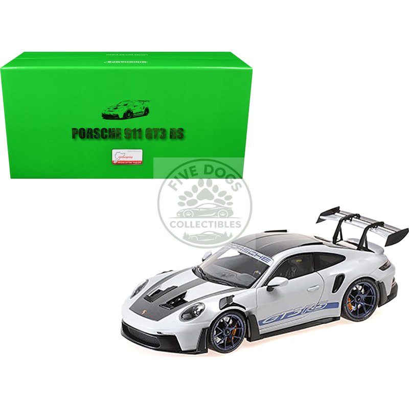 2022 porsche 911 (992) gt3 rs "weissach package" gray metallic with blue accents limited edition to 649 pieces worldwide 1/18 diecast model car by minichamps