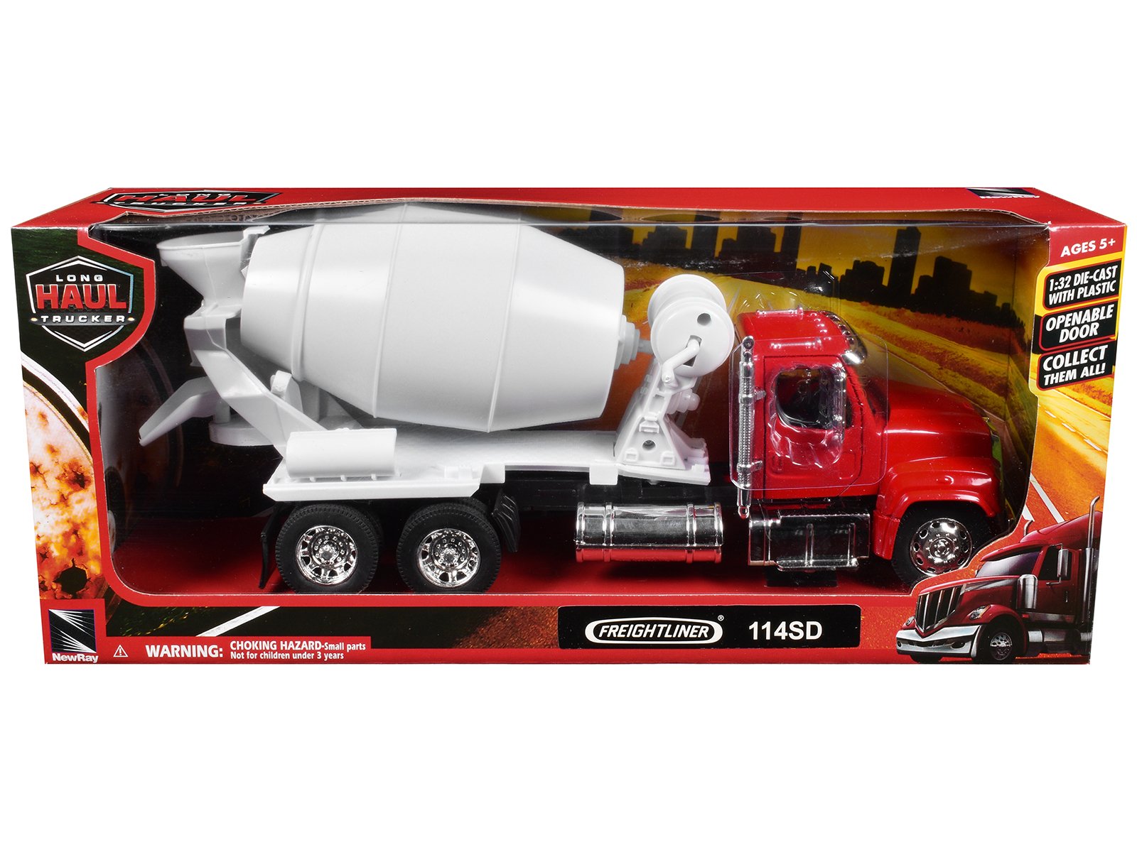 freightliner 114sd cement mixer red and white "long haul truckers" series 1/32 diecast model by new ray freightliner 114sd cement mixer red and white "long haul truckers" series 1/32 diecast model by new ray