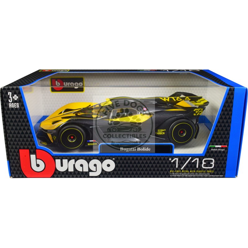 bugatti bolide yellow and carbon gray 1/18 diecast model car by bburago