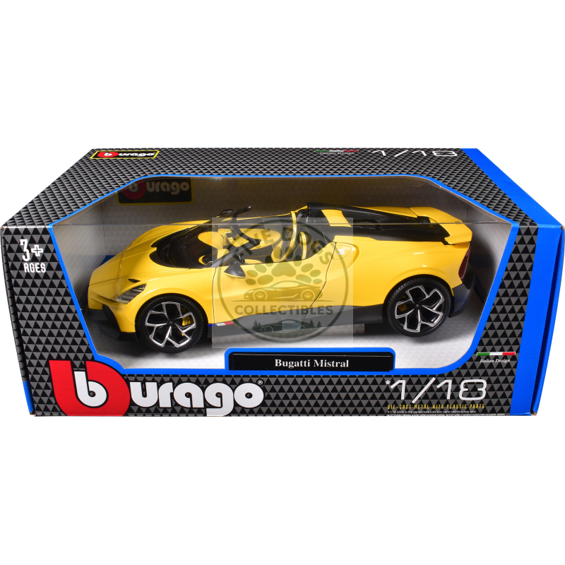 bugatti mistral yellow with carbon accents 1/18 diecast model car by bburago