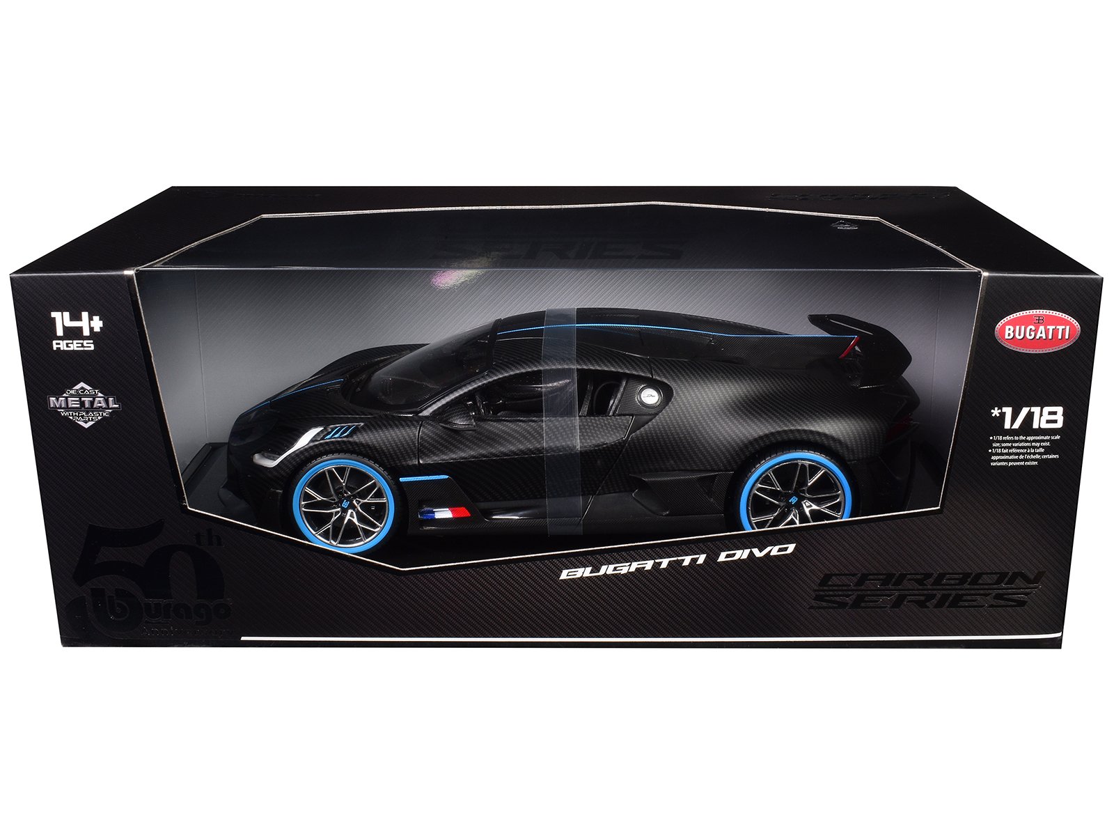 bugatti divo carbon fiber with blue accents "carbon series bburago 50th anniversary" 1/18 diecast model car by bburago bugatti divo carbon fiber with blue accents "carbon series bburago 50th anniversary" 1/18 diecast model car by bburago