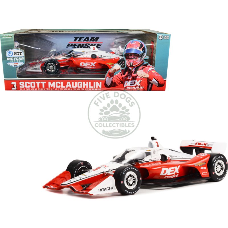 dallara indycar #3 scott mclaughlin "dex imaging" team penske (road course configuration) "ntt indycar series" first win firestone grand prix of st. petersburg (2022) 1/18 diecast model car by greenlight