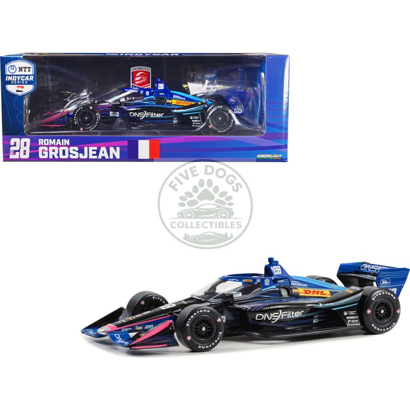dallara indycar #28 romain grosjean "dnsfilter" andretti autosport (road course configuration) "ntt indycar series" (2023) 1/18 diecast model car by greenlight