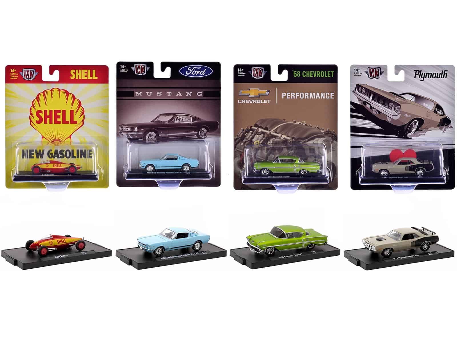 Vintage Diecast Car Collection Set of 4 Diecast collectible cars featuring Shell gasoline, Ford Mustang, Chevrolet Performance, and Plymouth.