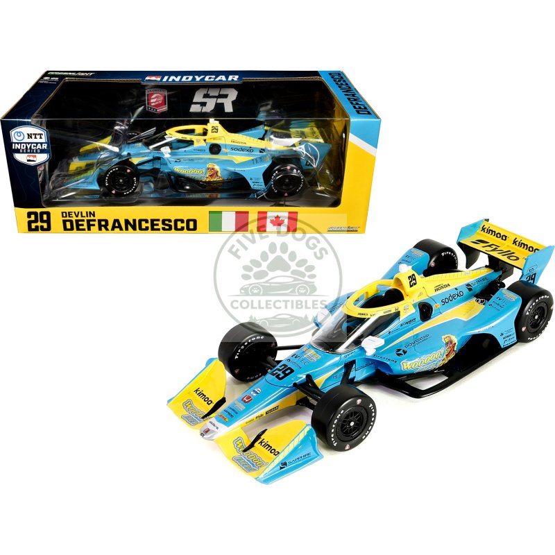 dallara indycar #29 devlin defrancesco "wooooo energy" andretti steinbrenner autosport (road course configuration) "ntt indycar series" (2023) 1/18 diecast model car by greenlight
