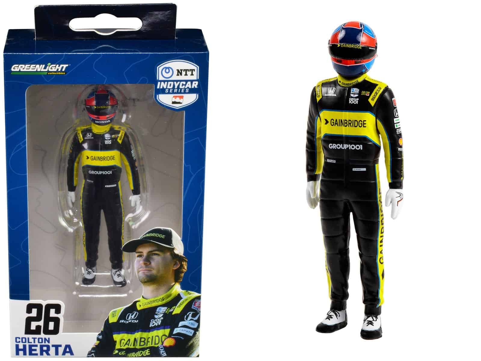 Greenlight Racing Collectible Diecast Figure Diecast racing driver figure with helmet and racing suit, detailed collectible model.