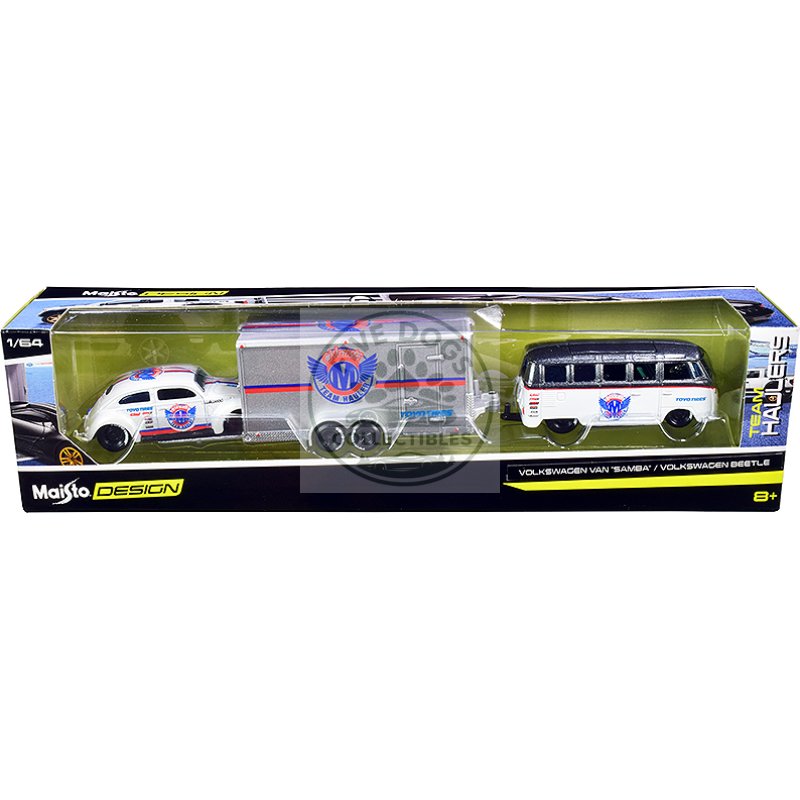 volkswagen samba bus dark gray metallic and white with volkswagen beetle white metallic and enclosed car trailer silver "toyo tires" "team haulers" series 1/64 diecast model cars by maisto