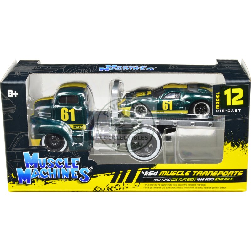 1950 ford coe flatbed truck #61 and 1966 ford gt40 mk ii #61 green metallic with yellow stripes "muscle transports" series 1/64 diecast model cars by muscle machines
