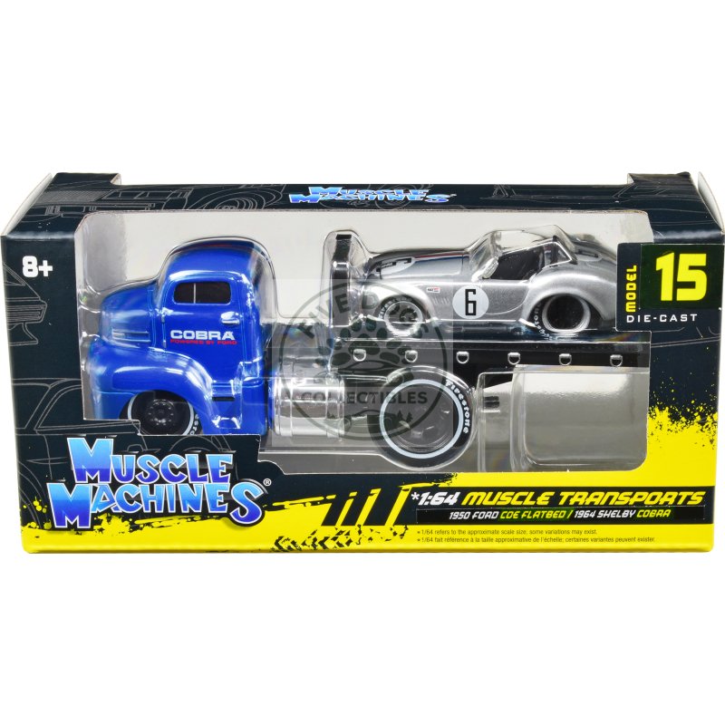 1950 ford coe flatbed truck blue "cobra powered by ford" and 1964 shelby cobra #6 silver metallic with stripes "muscle transports" series 1/64 diecast model cars by muscle machines