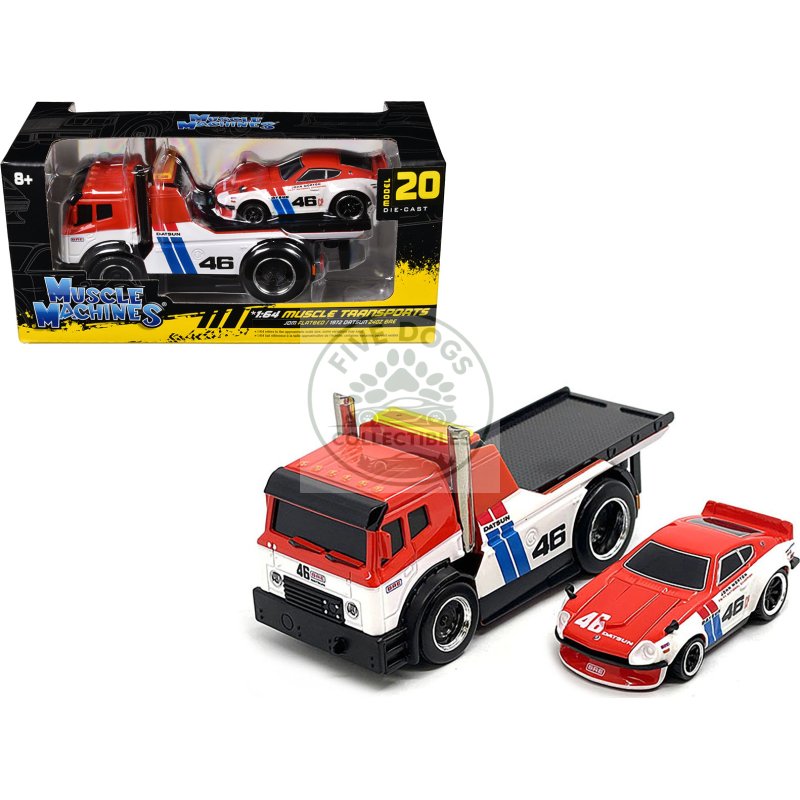 jdm flatbed truck #46 red and white with blue stripes and 1972 datsun 240z #46 red and white with blue stripes "bre" "muscle transports" series 1/64 diecast models by muscle machines