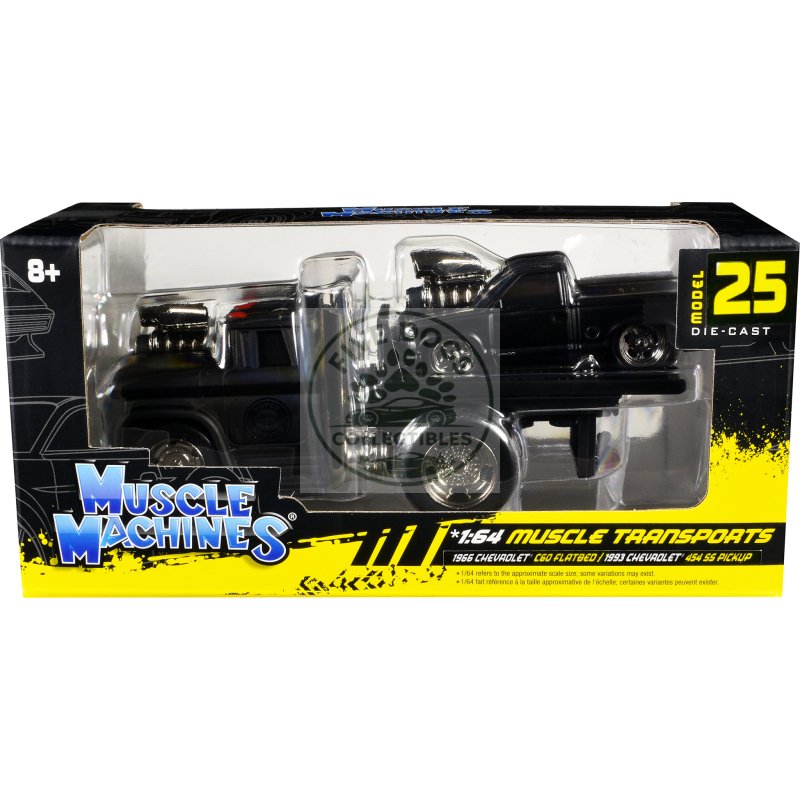 1966 chevrolet c60 flatbed truck matt black and 1993 chevrolet 454 ss pickup truck matt black "muscle transports" series 1/64 diecast models by muscle machines