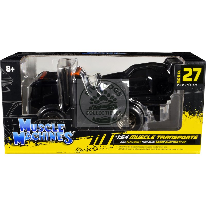 jdm flatbed truck matt black and 1986 audi sport quattro s1 e2 matt black "muscle transports" series 1/64 diecast models by muscle machines