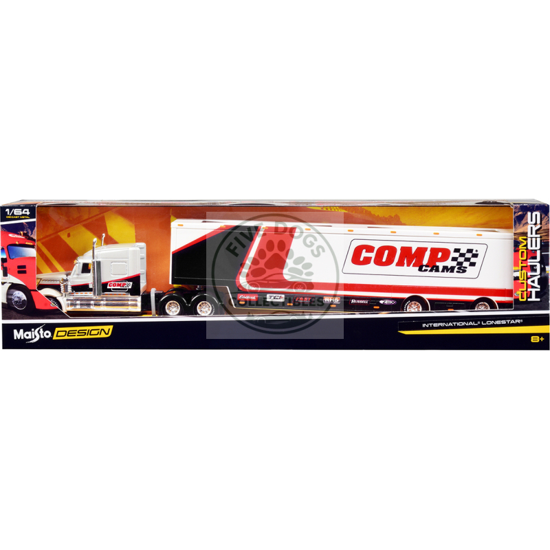 international lonestar enclosed car transporter "comp cams" white and black with stripes "custom haulers" series 1/64 diecast model by maisto