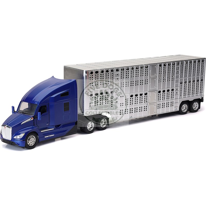 kenworth t680 truck blue metallic with livestock trailer chrome "long haul trucker" series 1/32 diecast model by new ray