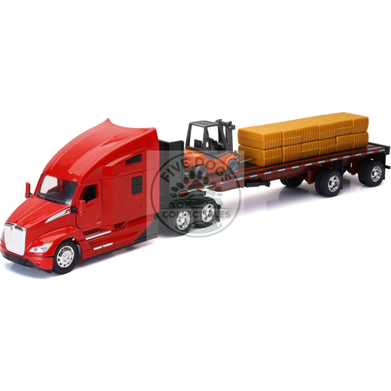 kenworth t680 truck red and flatbed trailer with forklift and hay load "long haul trucker" series 1/32 diecast model by new ray