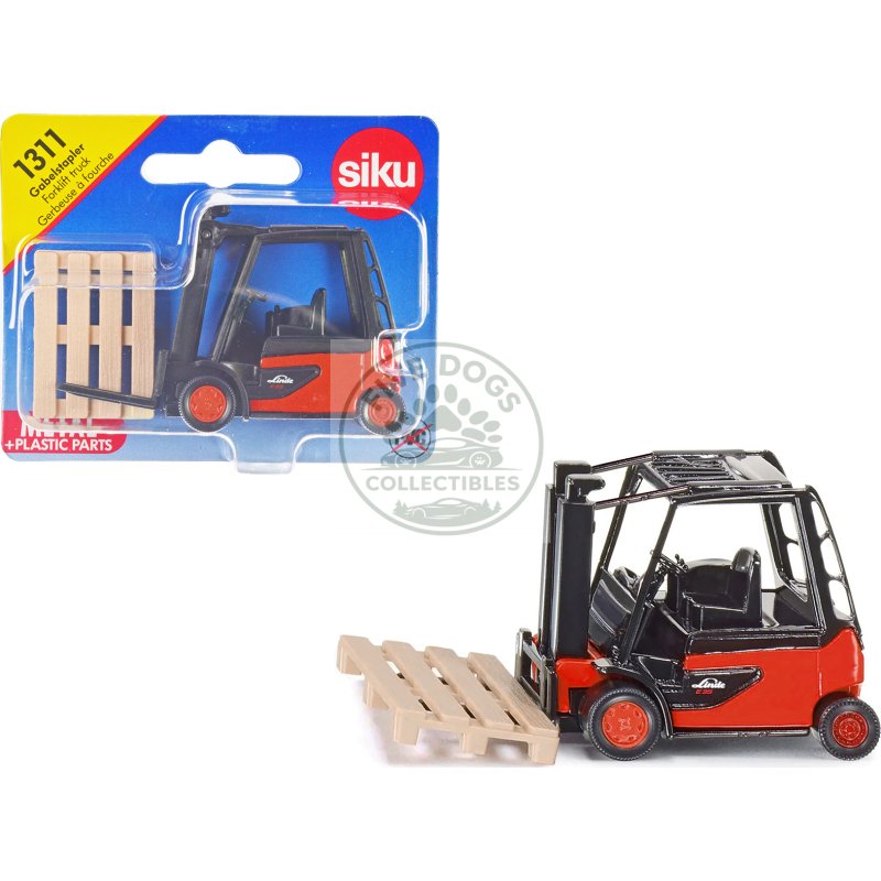 linde e35 forklift truck red with black top with pallet accessory diecast model by siku