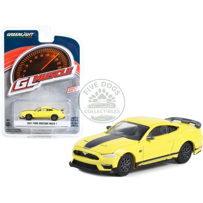 2021 ford mustang mach 1 grabber yellow with black stripes "greenlight muscle" series 27 1/64 diecast model car by greenlight