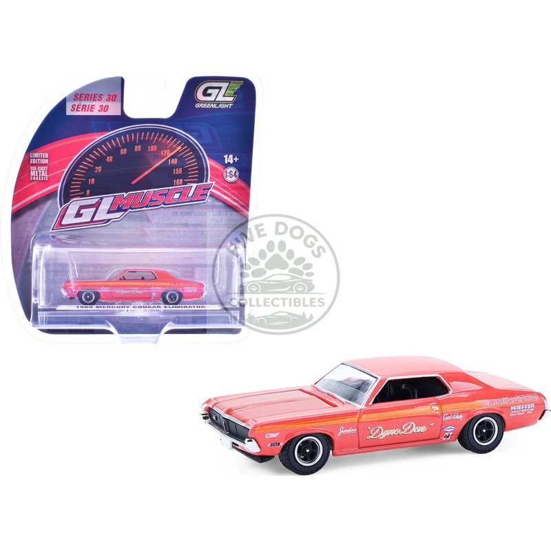 1969 mercury cougar eliminator "dyno don" red with orange stripes "greenlight muscle" series 30 1/64 diecast model car by greenlight