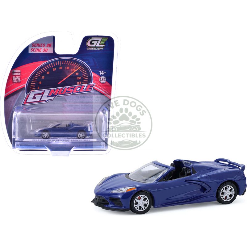 2021 chevrolet corvette stingray convertible elkhart lake blue "greenlight muscle" series 30 1/64 diecast model car by greenlight