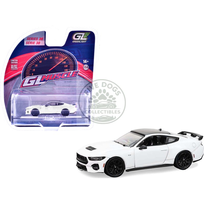 2024 ford mustang oxford white with black top "greenlight muscle" series 30 1/64 diecast model car by greenlight